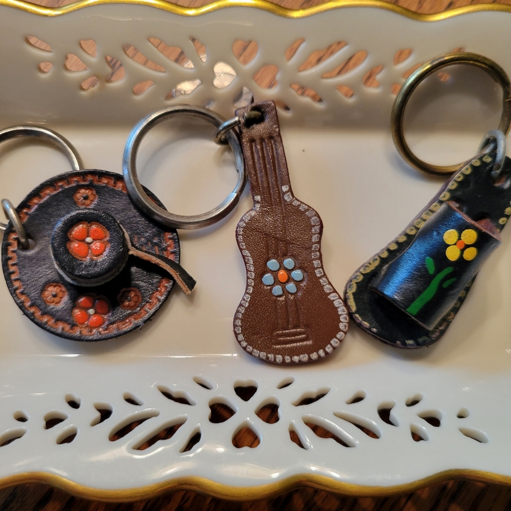 3 Handpainted Leather Keychains from Mexico - A sandal, guitar, and hat